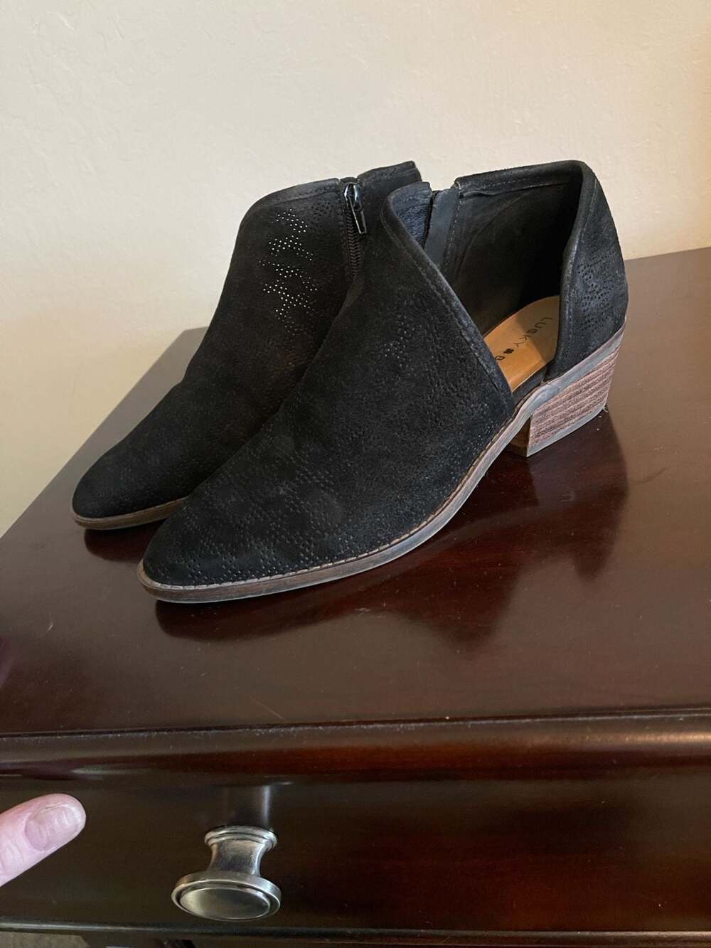 Lucky Brand Baley Black Suede Perforated Ankle Booties